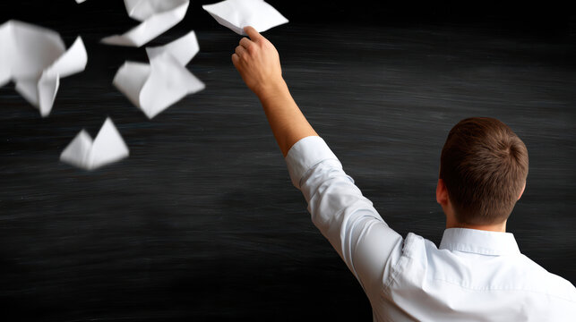 Rear view of frustrated office worker throwing paper document in air against dark black background feeling angry about failure
