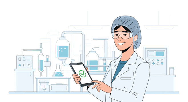 A female scientist wearing a lab coat and safety goggles holds a digital tablet with a green checkmark in a laboratory setting.