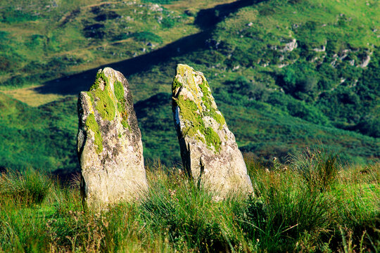 The Carnasserie Stones. Pair of prehistoric standing stones megaliths both over 8 feet tall. To the north end of Kilmartin Valley, Argyll, Scotland