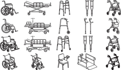 Obraz premium A collection of assistive devices essential for enhancing mobility and independence. A comprehensive illustration features a variety of aids for those with physical challenges.