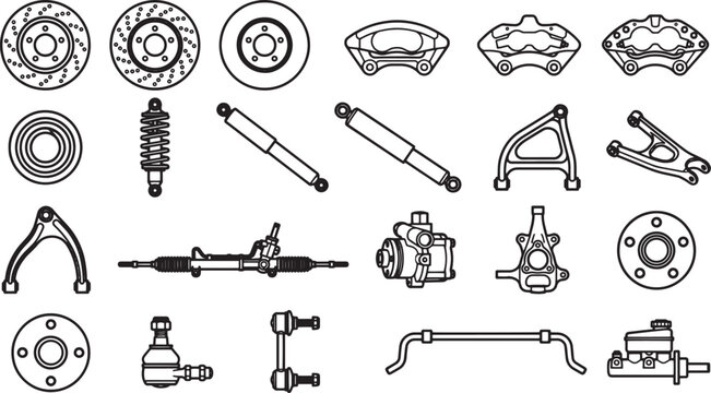 A comprehensive collection of automotive components, meticulously illustrated in a detailed, black-and-white style. Providing a complete overview of vehicle parts, designed for automotive enthusiasts.