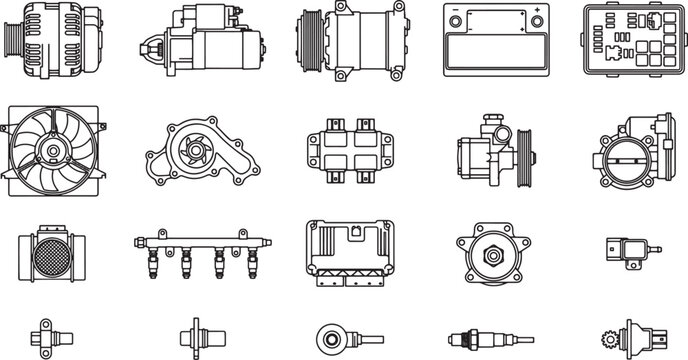 An organized collection of various automotive parts, meticulously illustrated in a monochromatic style. showing engineering and design of the automobile.