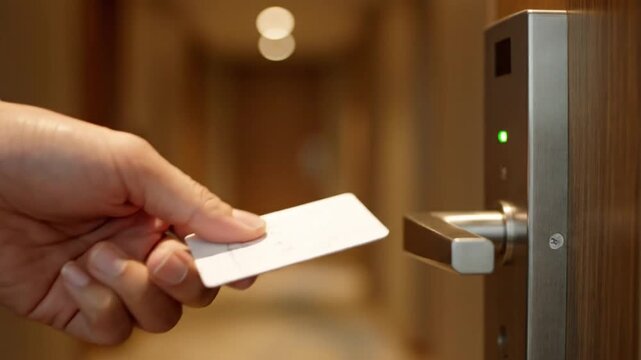 Person inserts a contactless card into a door access reader to unlock the door, then presses the door handle to open it. Background shows a warm, well-lit hallway.