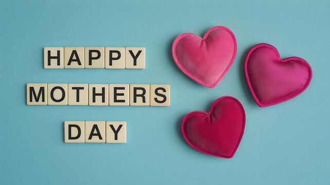Celebrating mothers with heartfelt and colorful scrabble tiles and plush hearts.