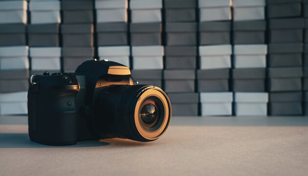 A digital camera with lens placed in front of a box structure