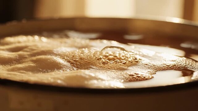 Warm golden liquid with bubbles, evoking calm focus, ideal for coffee or beverage imagery