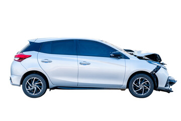 Naklejka premium Car crash, Side view of bronze sedan car get damaged by accident on the road. damaged cars after collision. isolated on transparent background. PNG File