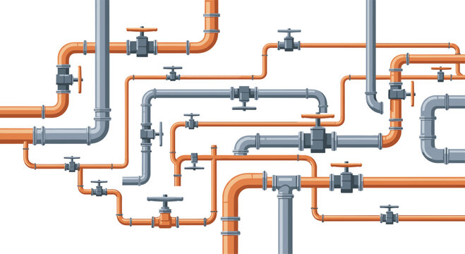 An intricate network of orange and gray industrial pipes with multiple gray valves and elbow joints arranged in a clean geometric pattern on a white background.