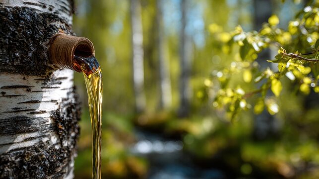 Fresh birch sap pouring from a tapped tree trunk in a sunlit forest during springtime.