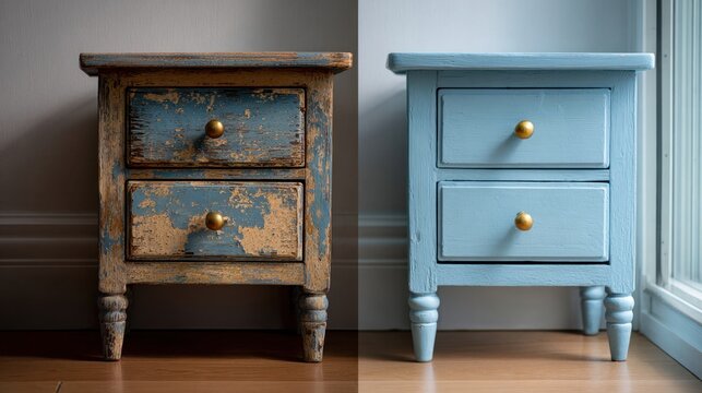 Furniture restoration before and after comparison of vintage wooden nightstand makeover