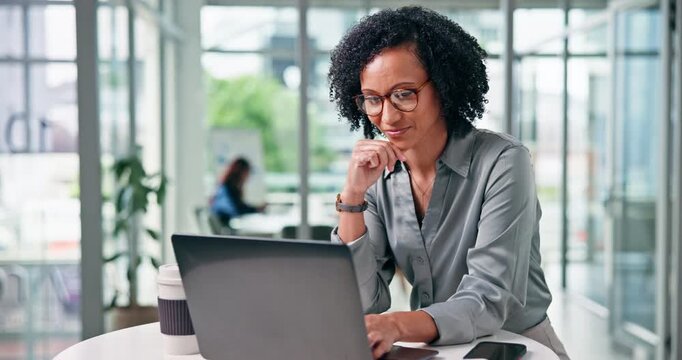 Smile, reading or woman with laptop in office, planning or economy research for investment opportunity. Typing, funding report and advisor with pc for profit proposal, market gap and venture idea