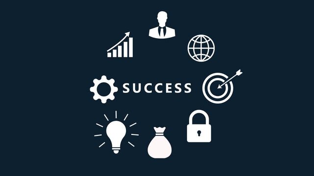 Business success concept illustrated with for global reach target achievement security financial growth and innovation arranged around the word SUCES on a dark blue background