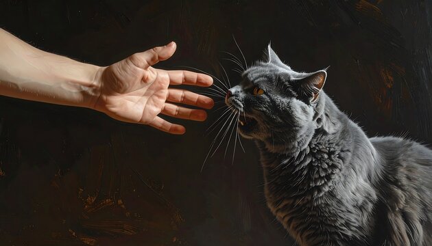 Confrontation: Human hand reaching towards an angry gray cat in moody lighting