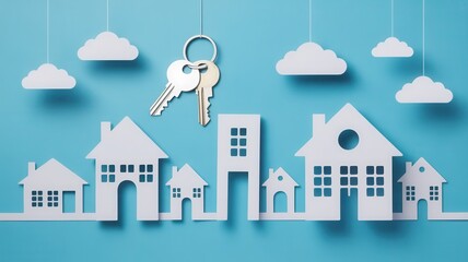 Modern homes and buildings with keys under clouds