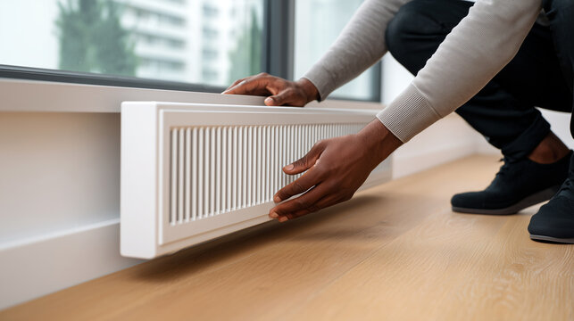 Worker hands installing white under-window heating convector near panoramic window in modern apartment, professional indoor climate control renovation on wooden floor background.