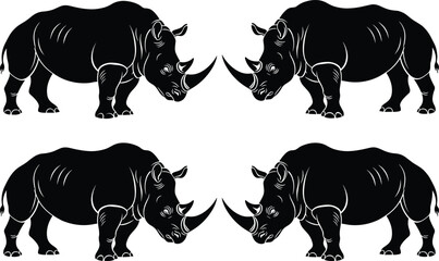 Set of black rhinoceros silhouettes isolated on white background African safari wildlife animal icons for conservation and nature design vector © Mst