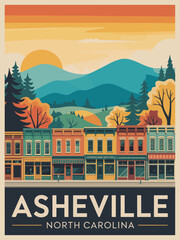Obraz premium Asheville Wall Art, North Carolina travel poster with vintage design, bold text, and retro aesthetic illustration