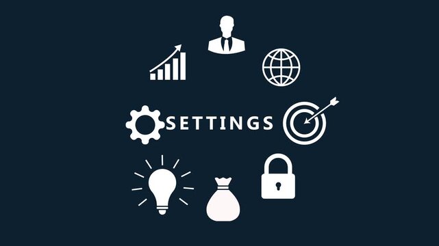 Business concept with central word SETINGS surrounded by white representing global business growth security financial success and innovation on a dark blue background