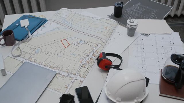 View from above of table with multiple blueprints, white hardhat, cups and red earmuffs in modern construction office