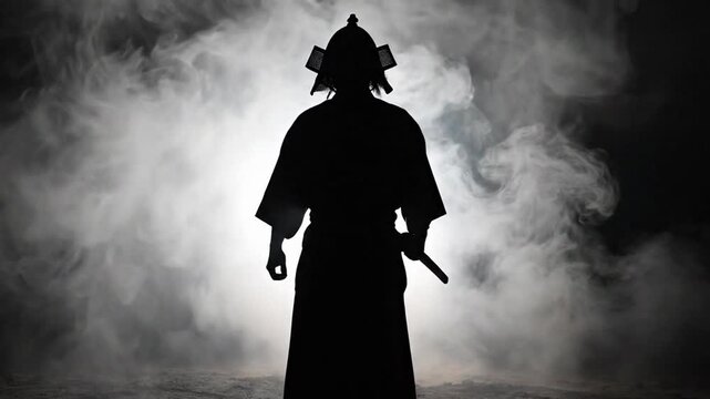 A silhouette of a samurai ronin standing in a dramatic pose with smoke swirling around, against a dark background with a bright light source.