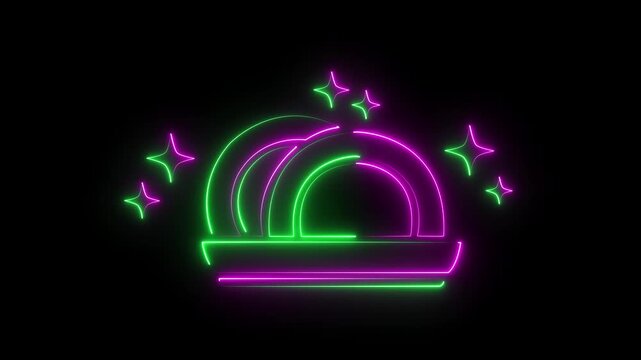 Neon libra zodiac symbol with glowing stars in green and purple animated on a black background, abstract motion graphic, seamless loop