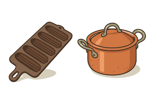 Essential kitchen tools including a cast iron corn dog mold and vintage copper cooking pot