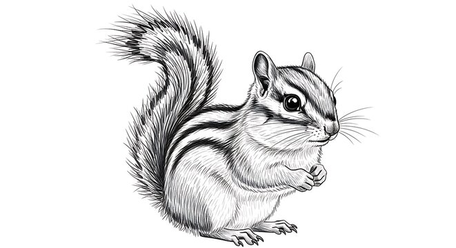 Detailed chipmunk illustration in black and white with bushy tail