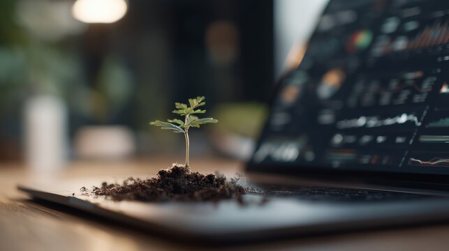Sprout growing from soil on laptop in office space during daytime