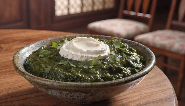 Traditional Sarso Ka Saag with Butter in Cozy Indoor Rustic Setting