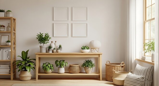Modern living room interior design with potted plants and flowers by the window in a bright and stylish home space