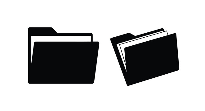 Two black folder icons one open against a white background silhouette