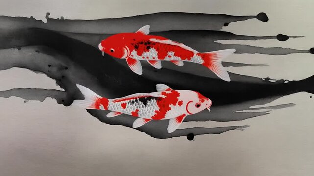 Abstract sumi-e koi fish swimming, minimalist ink wash background