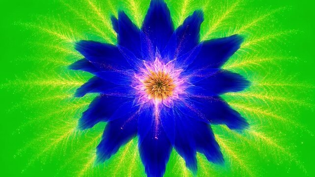 Vibrant Blue Flower with Radiant Glow and Bright Green Background for Creative Design and Nature Themes