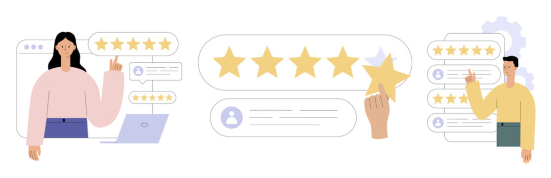 Customer review and feedback concept with five star rating, comments and testimonials. People leaving reviews online. UI web templates with rating interface. Flat vector illustration set