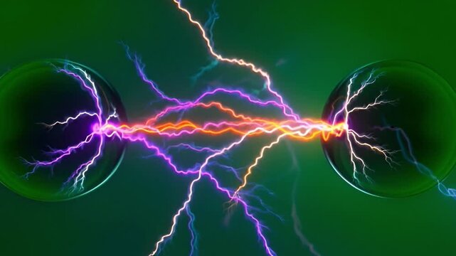Abstract representation of electrical energy, lightning bolts, and spheres on a vibrant green background