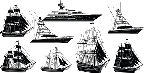 Collection of Vintage Sailing Ship Silhouettes and Modern Luxury Yacht Icons Including Galleons Schooners and Sport Fishing Boats for Maritime Graphic Design and Nautical Illustrations © MdMeherul