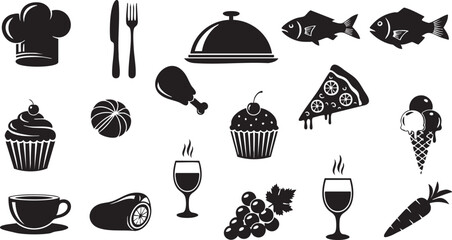 Colorful Food Icons Set &ndash; Fruits, Vegetables, Beverages, Desserts & Kitchen Items