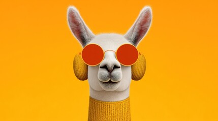 Fototapeta premium Llama wearing sunglasses and headphones with orange background