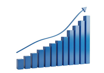 Blue bar chart with upward trend arrow isolated on transparent background for finance analytics and growth concepts