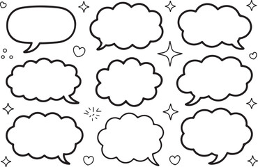 Hand drawn speech bubble and cloud shapes set in black outline doodle style