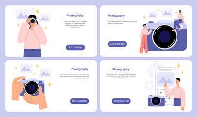Photography landing page templates with camera and photographer concept. Photo shooting, portfolio creation and visual content production for website or application. Flat vector illustration set. © Marta Sher