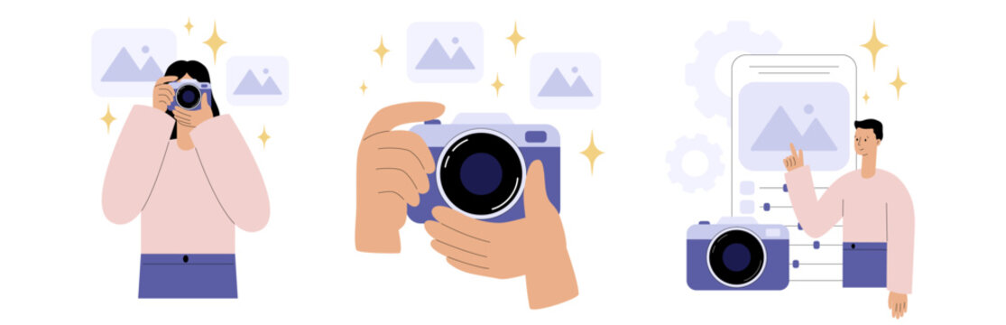 Photography concept with camera and photographer taking pictures. Photo shooting, image creation and creative work process. Modern photography and visual content creation. Flat vector illustration