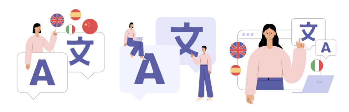 Online translation concept. Multilingual people communicating using digital translator tools. Language learning, international communication and freelance translation service. Flat vector illustration