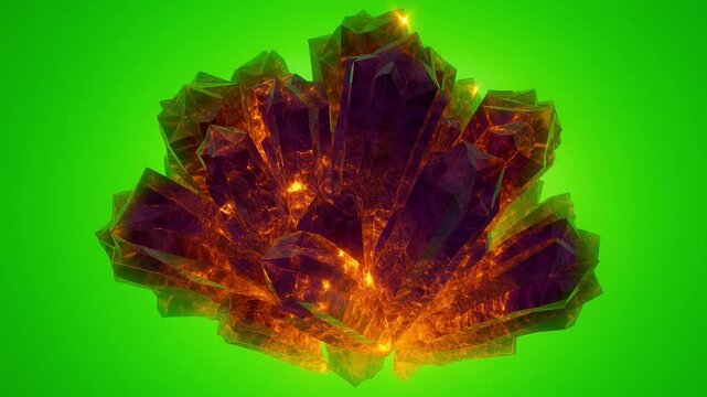 Vibrant and Shiny Crystal Formation with Fiery Interior on Bright Green Background