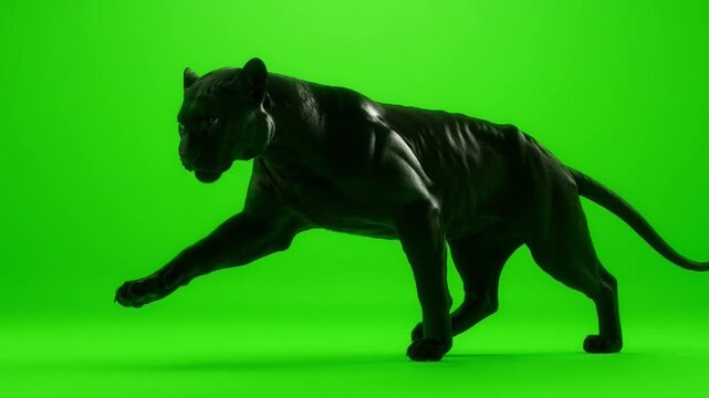 Majestic Panther Walking Gracefully on Vibrant Green Background, Capturing Wild Elegance and Power in Motion