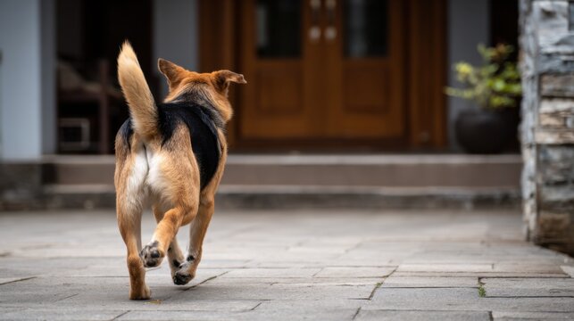 Dog Walking Away Towards Doorway in a Residential Setting