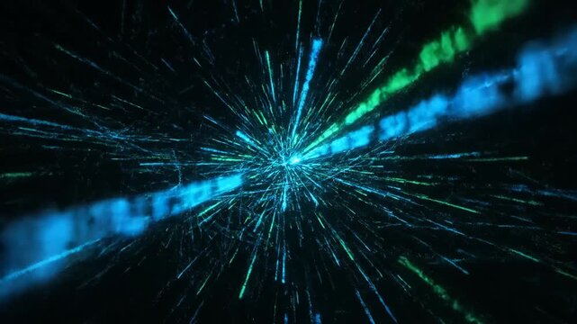 Futuristic animation of blue and green light streaks exploding from a central point. Abstract technology background for data visualization, high speed networks and communication