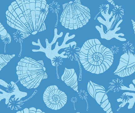 Seashell Seamless print pattern. Hand drawn seashells on blue background. Marine inspired print design. Shells seamless pattern. Summer Coastal and beach theme. perfect for tee t-shirt tops design.