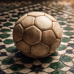 Classic leather soccer ball resting on traditional geometric zellige tile floor