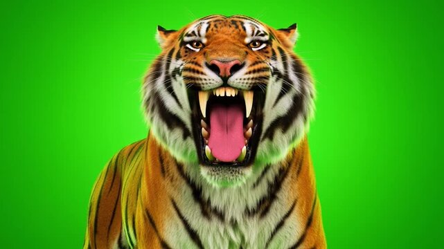 Fierce Tiger Displaying Anger with Open Mouth and Sharp Teeth on Vibrant Green Background